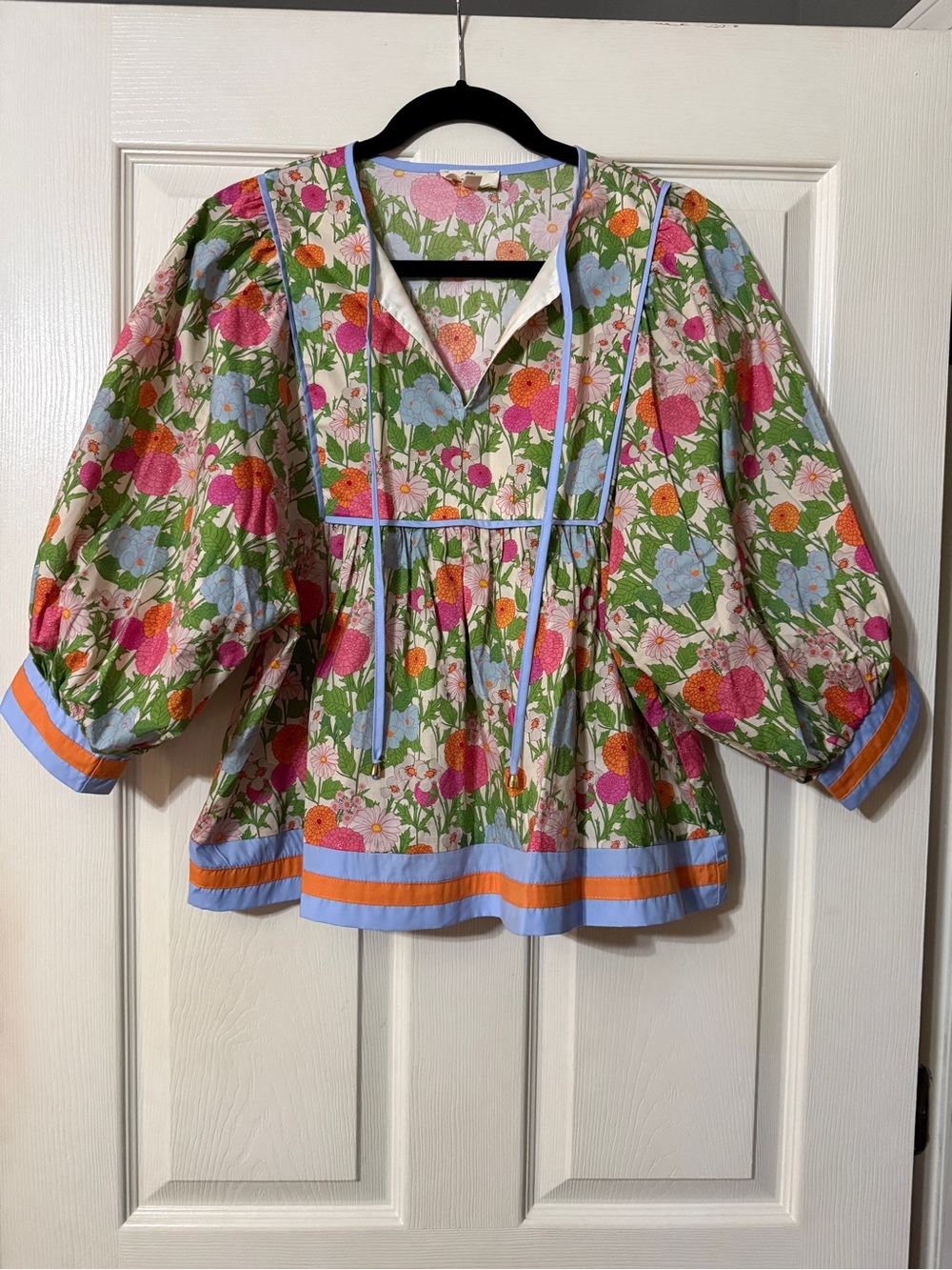 entro Floral Puff-Sleeve Peasant Top in Pink, Green & Blue with Orange Trim